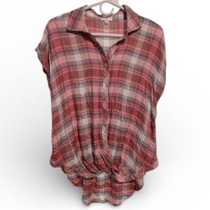 C‎ Luce Oversized Plaid Button Down Short Sleeve Tie Front Blouse- Size Small